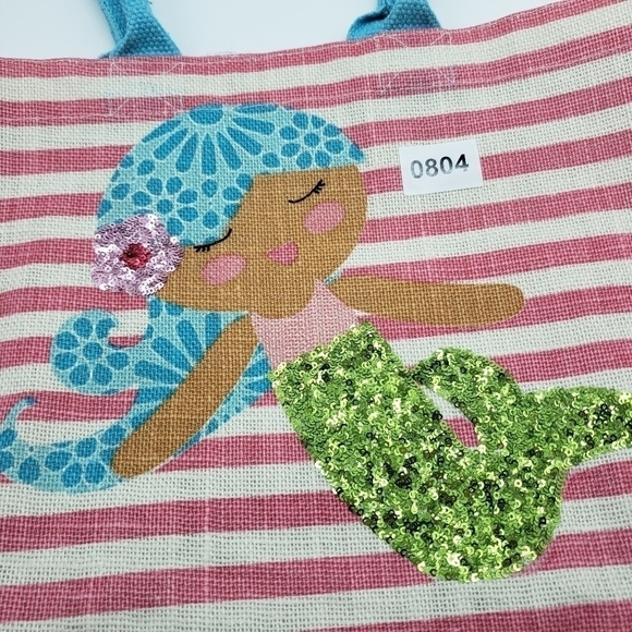 MUD Pie unisex mermaid tote bag pink stripe sequin woven fiber aqua handles - Picture 10 of 10
